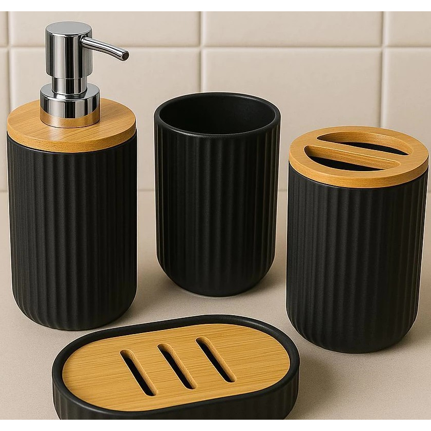 Kit De Banheiro Lavabo 4 Peças Plástico Conjunto Bambu Bamboo Porta Sabonete Liquido Luxo