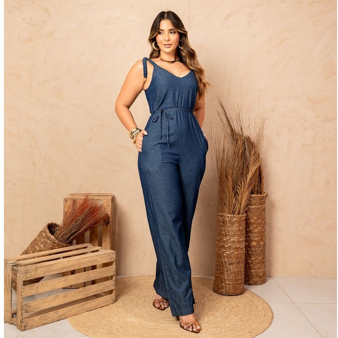 Macacão Longo No Jeans Tencil Com Regulagem De Alças E Cintura Caimento Perfeito Shopee