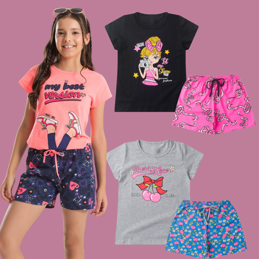 Kit 4 Peças Conjunto Infantil Menina Shorts e Blusa Feminino Juvenil Barato Verão Diva Blogueirinha