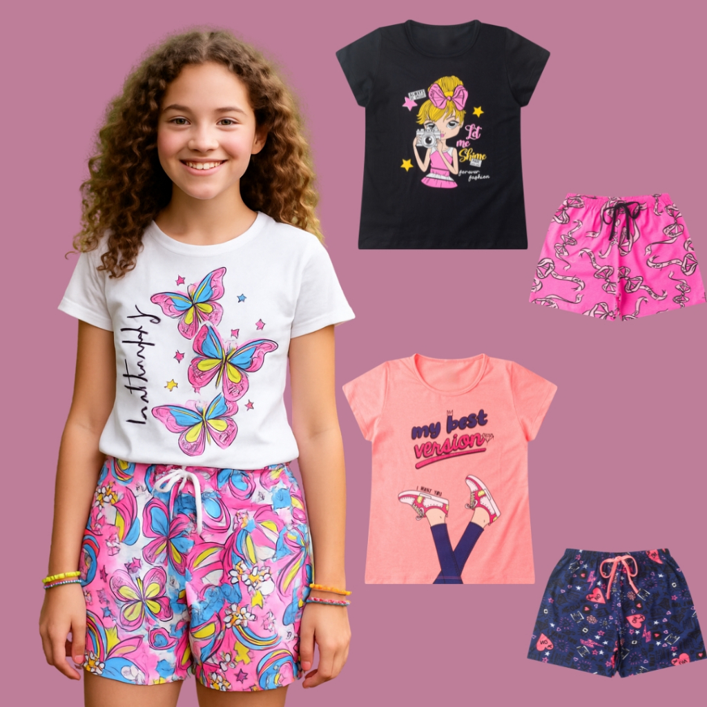 Kit 4 Peças Conjunto Infantil Shorts e Blusa Menina Blogueirinha Festa Moda 10 ao 16 Anos Premium