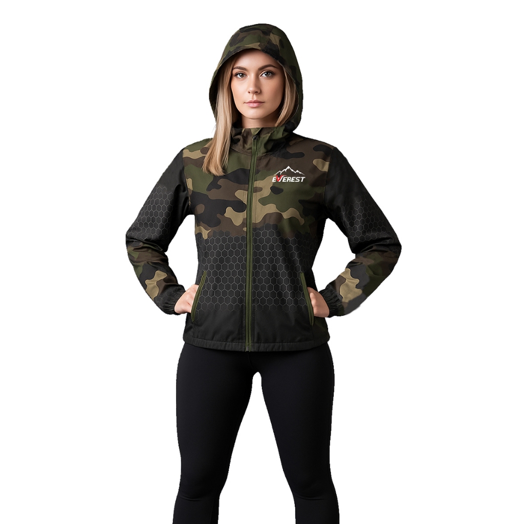 Jaqueta Corta Vento Feminina Com Capuz E Bolso Camuflada Verde