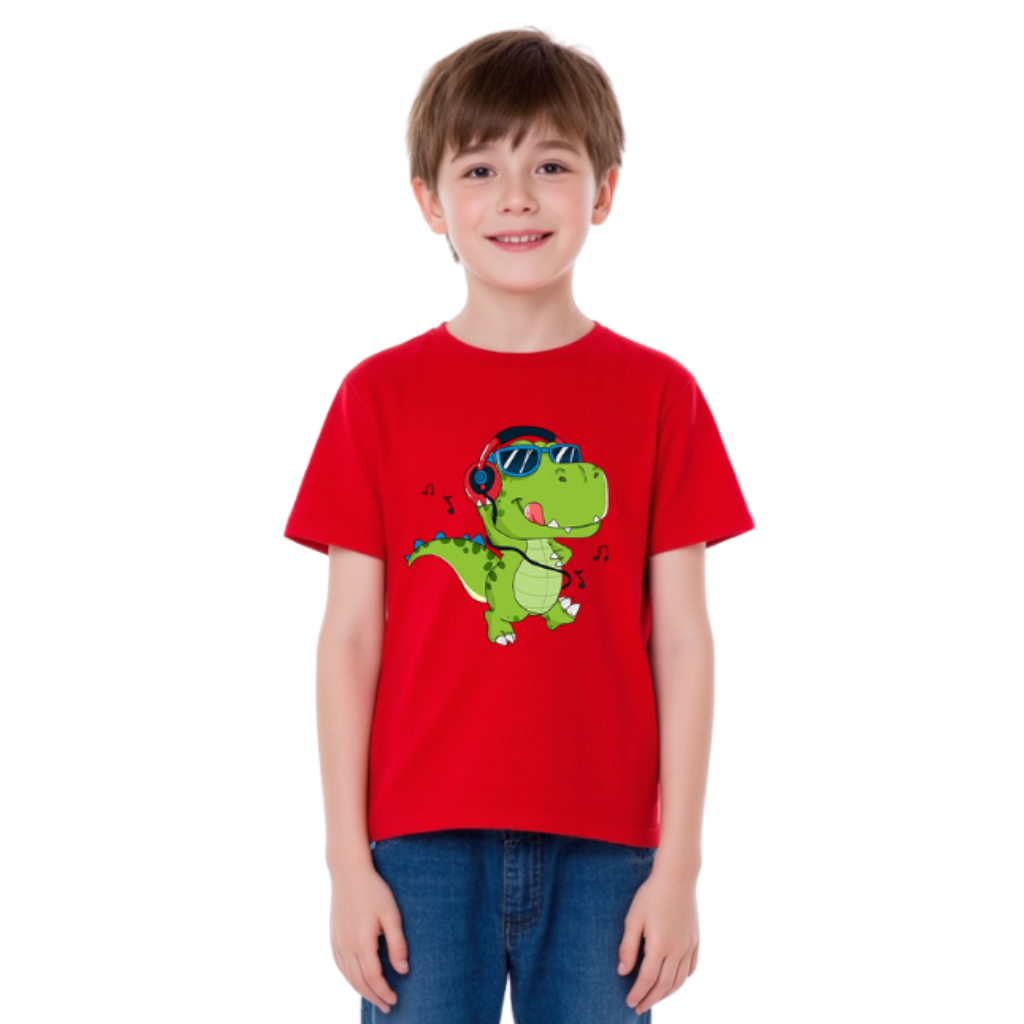 Camiseta masculina  infantil desenho Dinossauro fone de ouvido envio imediato 100% algodão
