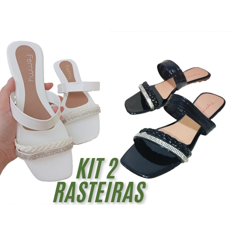 Kit com 2 Sandália Rasteira Linda Strass Trança Várias cores confortável antiderrapante Femmy 05