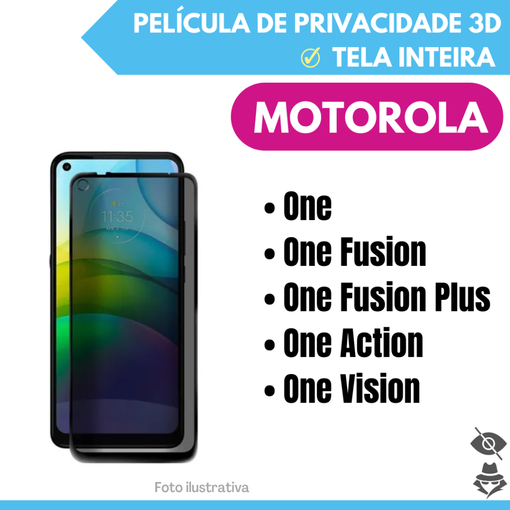 Película de Vidro de Privacidade Motorola Moto One / One Fusion / One Fusion Plus / One Action / One Vision. em Oferta na Shopee