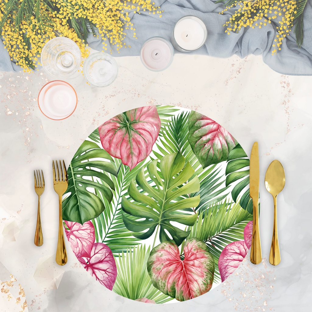 Jogo Capas Para Sousplat Em Tecido Floral Tropical Folhagem Rosa Verde 6 peças