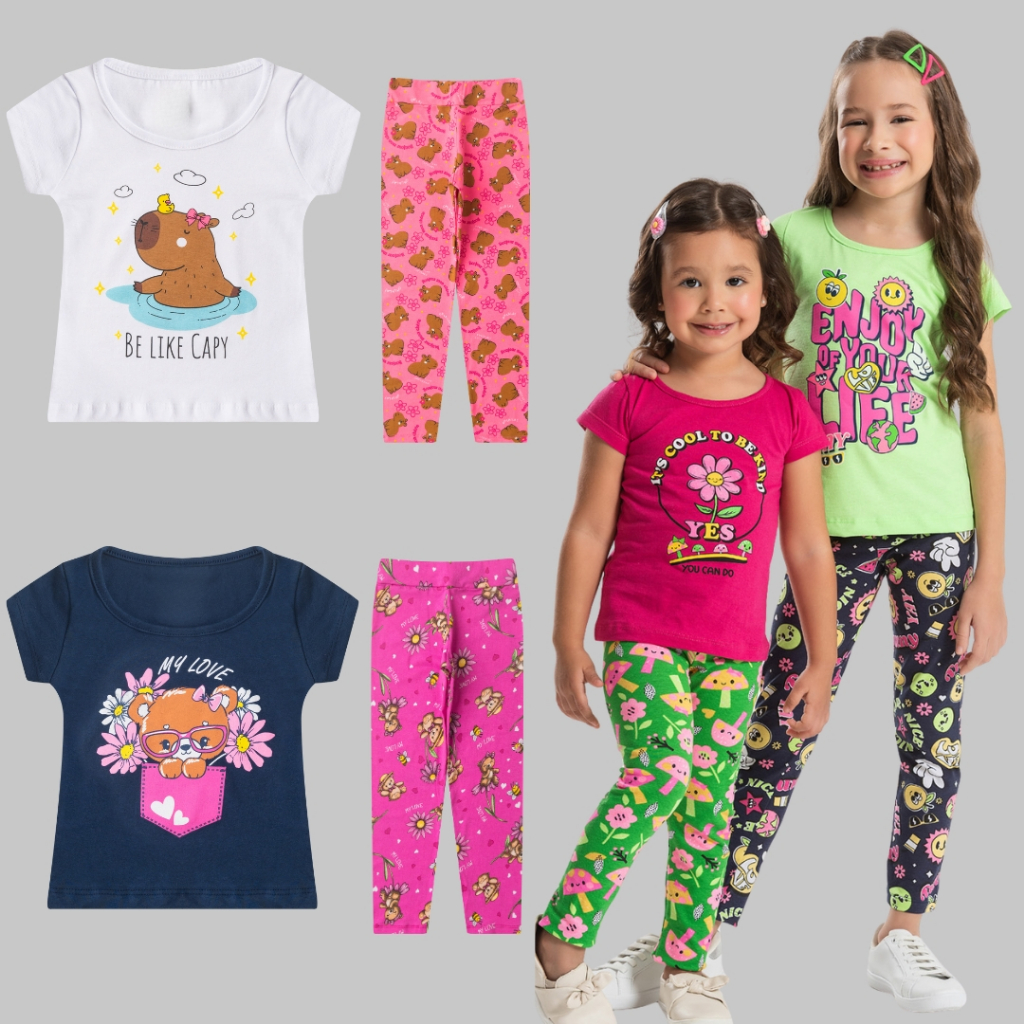 Kit Conjunto 2 Calça Legging + 2 Blusa 4 Peças Infantil Menina Feminino Criança Casual Basico