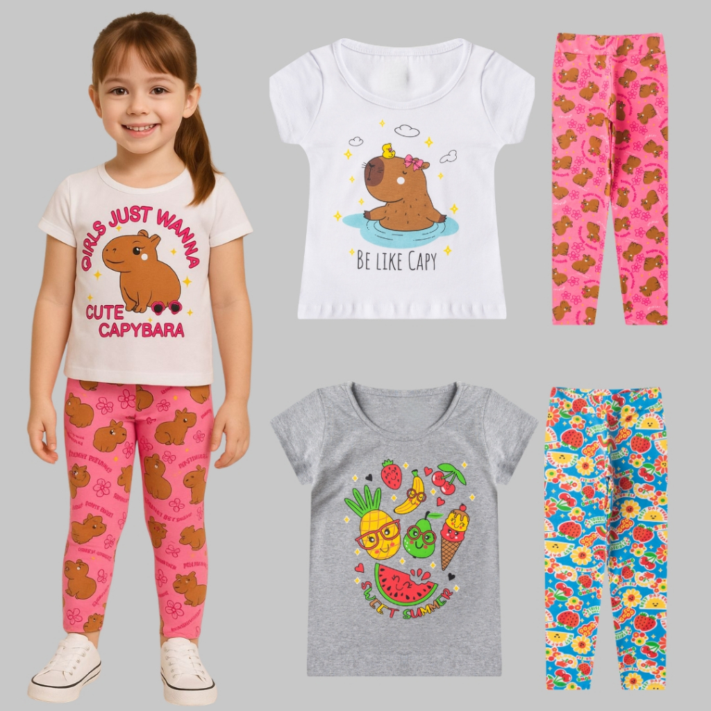 Kit 4 Peças Conjunto Infantil Menina Blogueirinha Feminino Calça Legging e Blusa Desenho Capivara