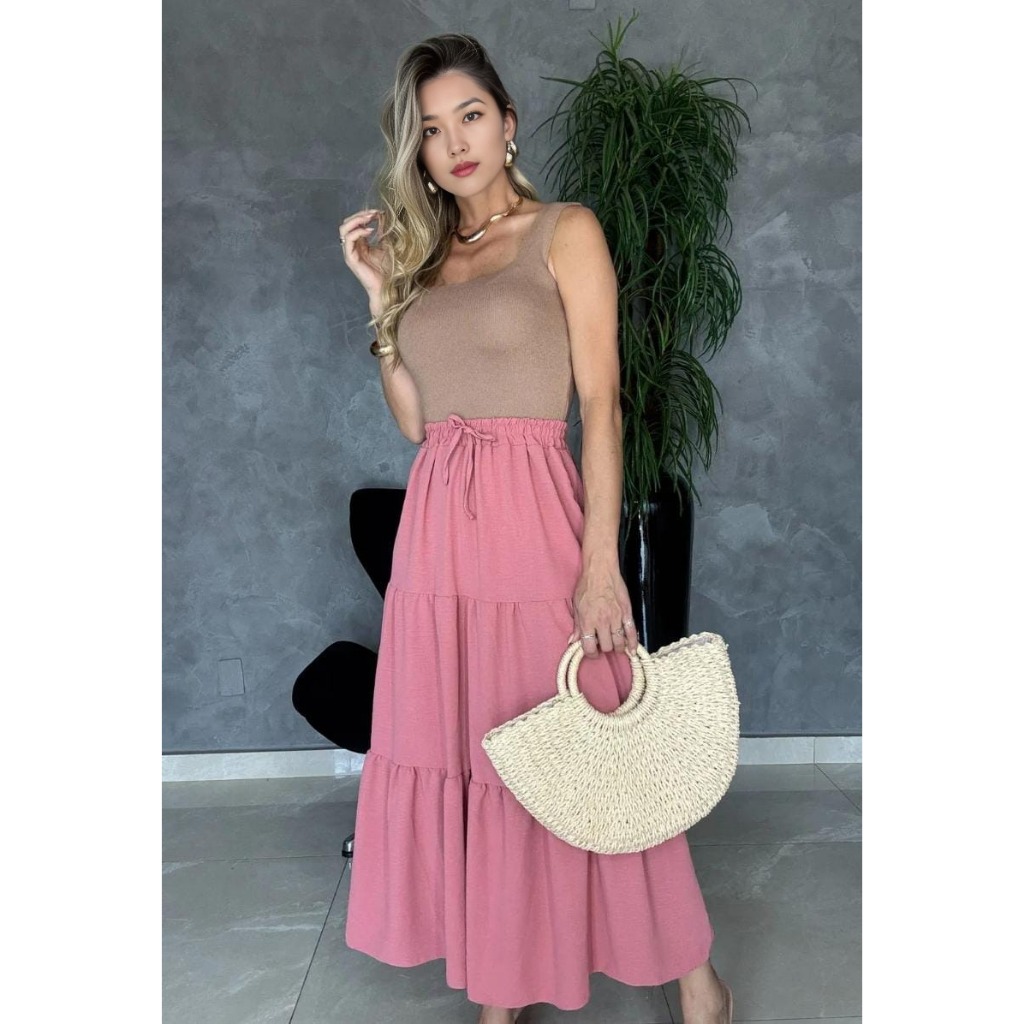 Saia Três Marias Estilo Modesto Elegante Feminina com Cintura Alta e Babados em Oferta na Shopee