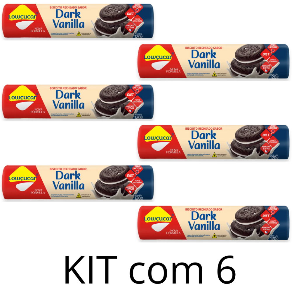 Kit com 6 Biscoito Recheado Lowçúcar Sabor Dark Vanilla Zero Açúcar 120g - Lightsweet