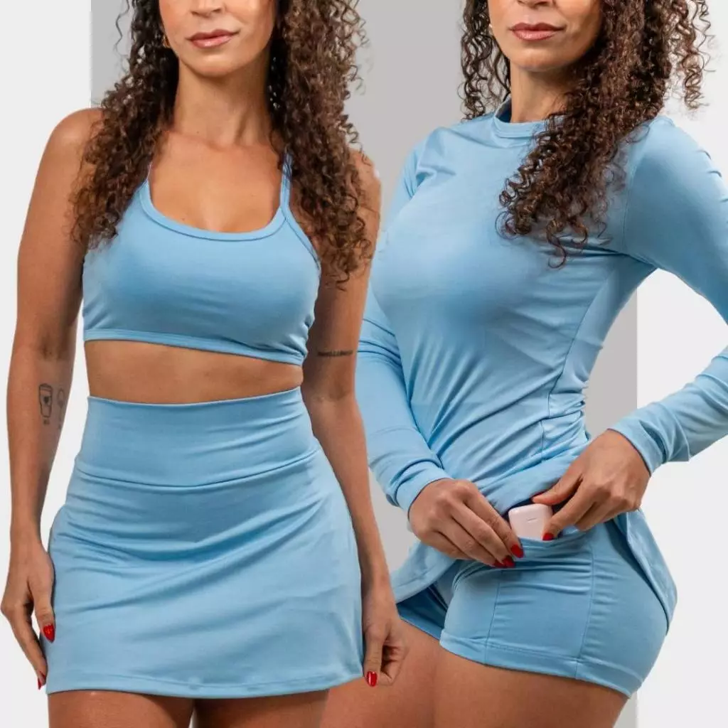 Conjunto Feminino de Treino 3 peças Meia Estação Camiseta Short Saia Top Academia Corrida Volei — imagem 1