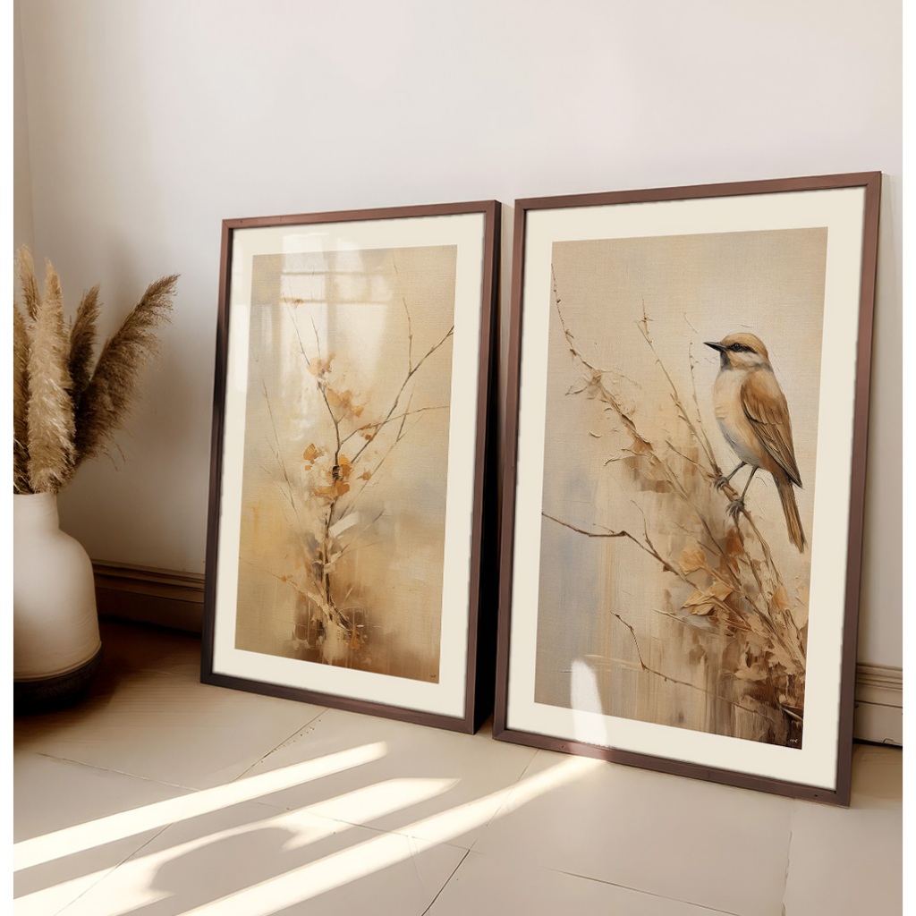Quadros Decorativos Com Moldura Filete Sala Duo Representação Artística Pássaro Nos Galhos Secos