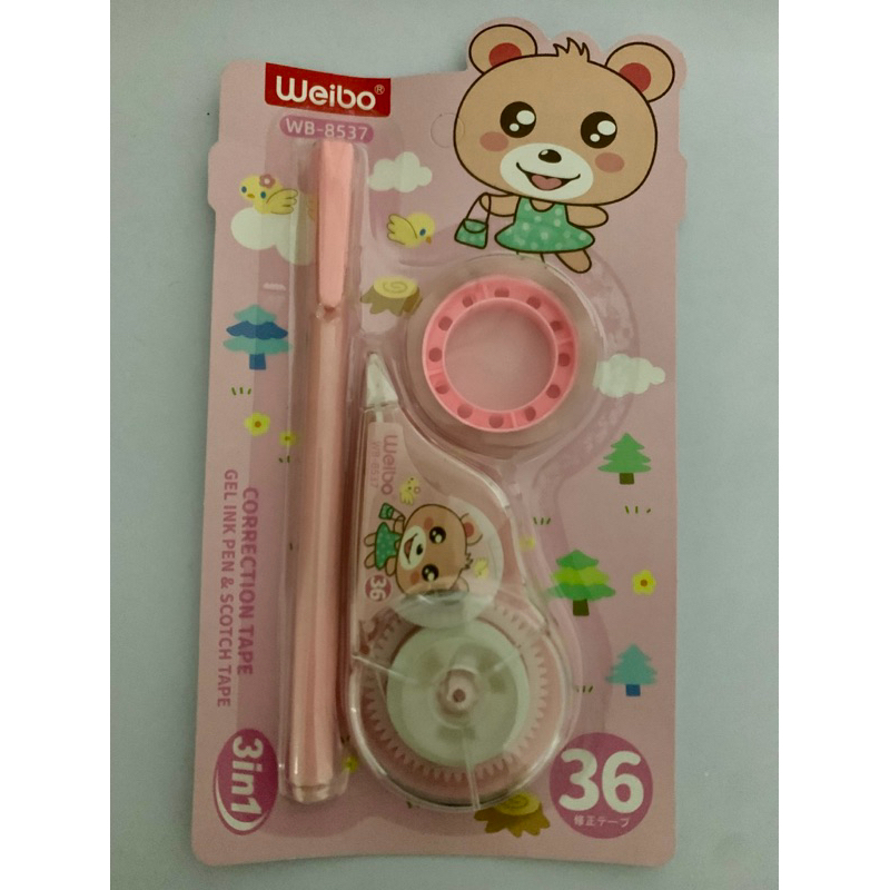 Kit papelaria fofa 3 em 1 cute - caneta gel + fita corretiva 36 mts + fita adesiva cute