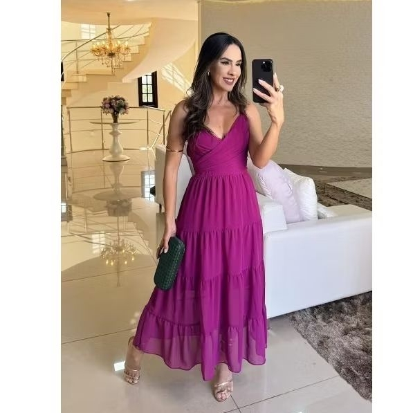 Vestido Marcela (alça ajustável) crepe de seda, saia 4 Marias, forrado, Gola V (Cores Variadas)