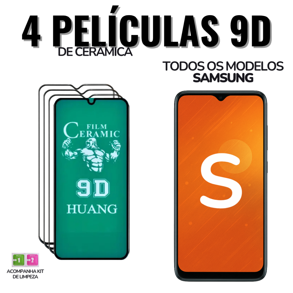 4 Película Samsung S e M cerâmica 9D para Todos Galaxy: S23 / S22 / S21 / S20 / M21/ M22 / M31/ Note
