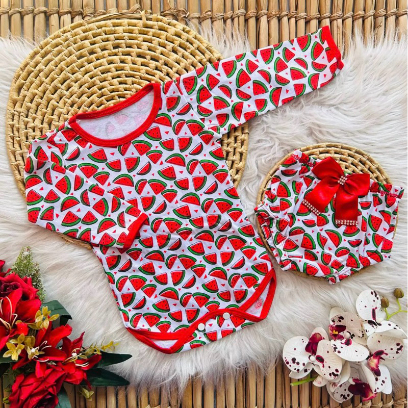 Conjunto Manga Longa Bebê com Shortinho Bumbum Laço | Roupa de 0 a 6 Meses Menina RN