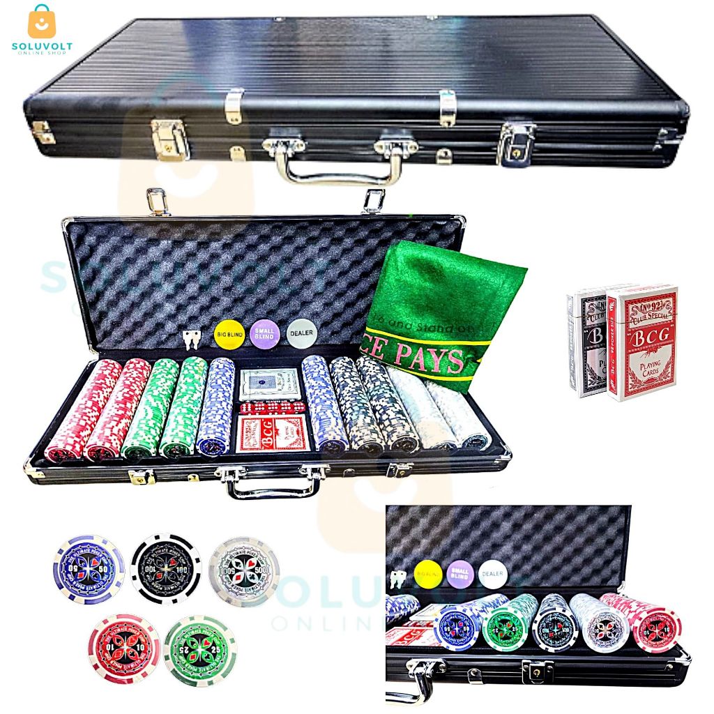 Maleta de Poker 500 Fichas Luxo C/Numeração C/Tapete Com Chave 2 Baralhos 5 Dados Pôquer