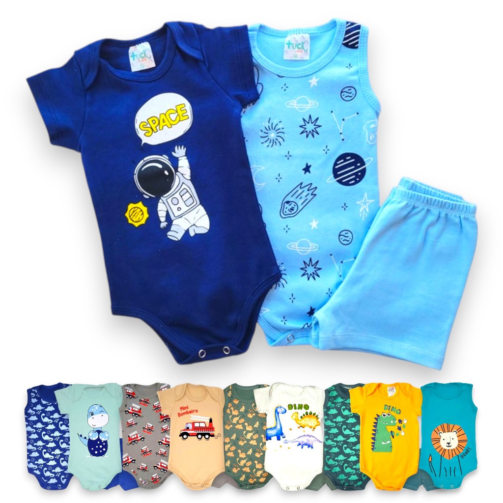Body 3 peças Trijunto Verão Menino, Tam RN ao GG Body Manga curta, regata e bermudinha Roupa de Bebe em Oferta na Shopee
