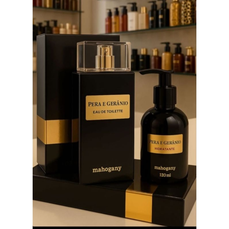 perfume mahogany pera e gerânio nova embalagem com hidratante.
