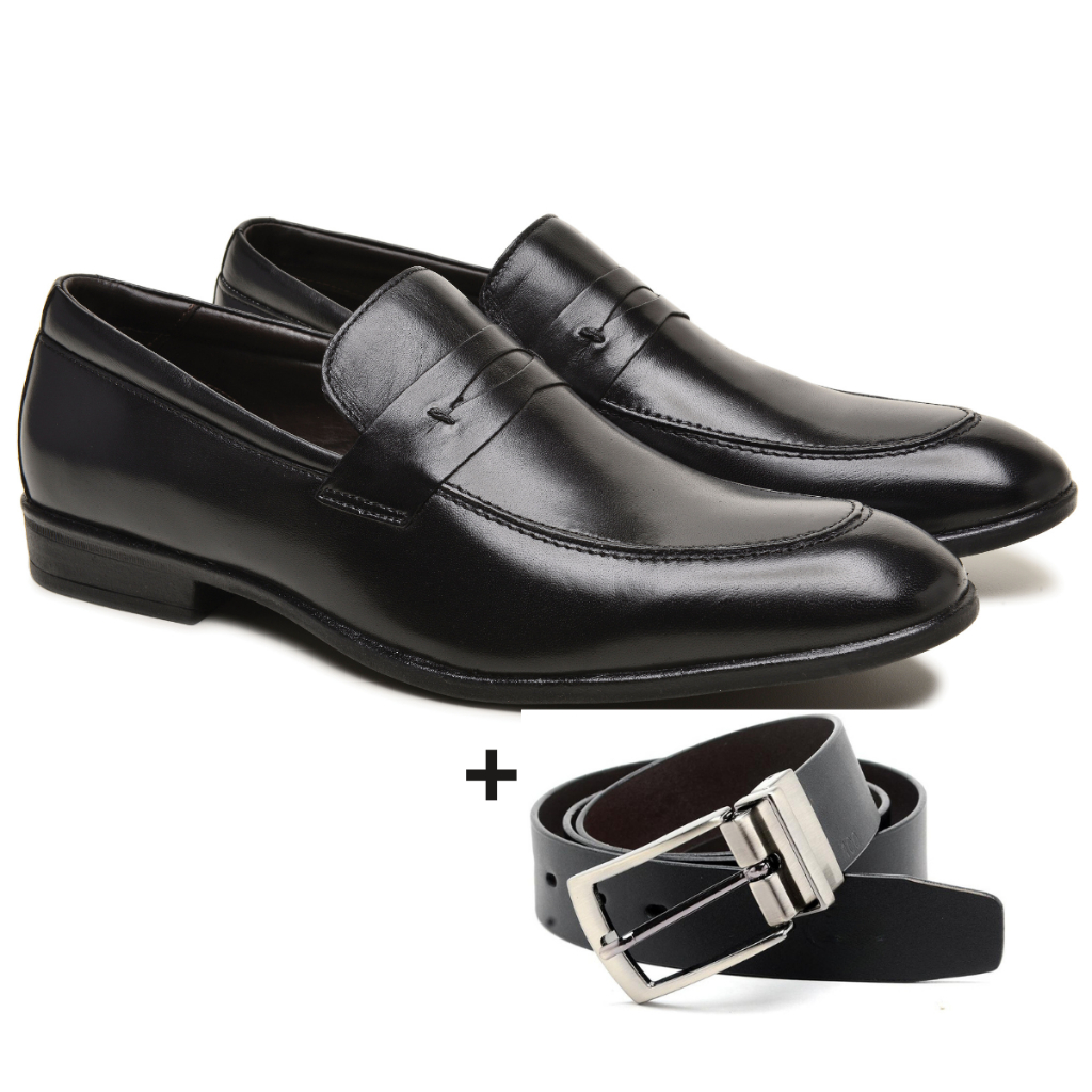 Kit Sapato Social Masculino Em Couro Nobre Legitimo Sem Cadarço Clássico Cinto Dupla Face Sintético
