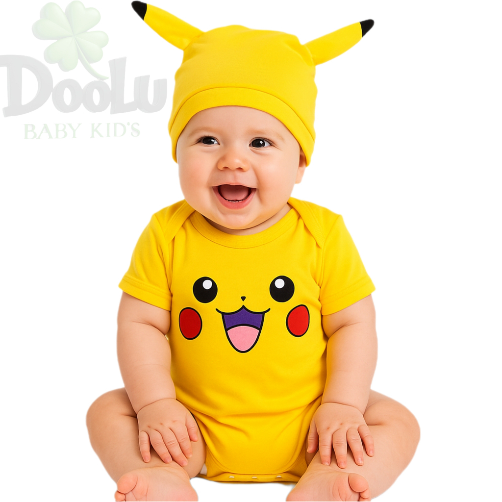 Body de Bebê Pikachu + Touca / Body Temático Mêsversario Pokémon em Oferta na Shopee