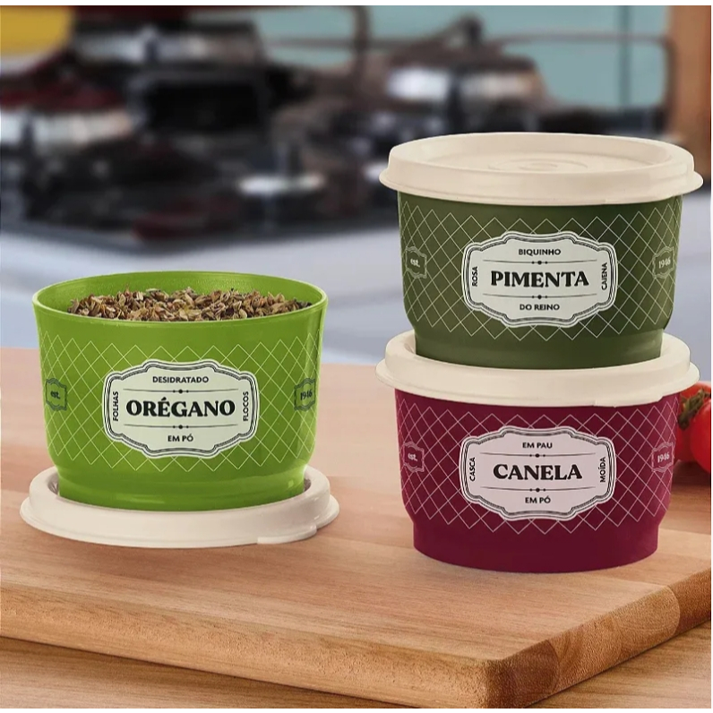 Tupperware potinho porta tempero 140ml linha essence - canela, orégano, chimichurri, pimenta, cominho, paprica