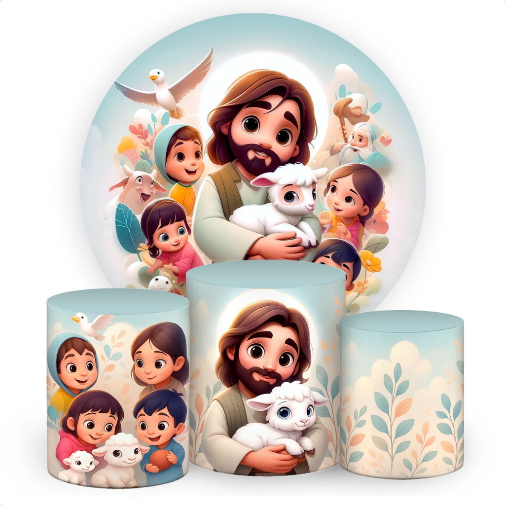 Kit Capa Painel Redondo +Trio Capas De Cilindro Festa Veste Fácil Tecido Jesus e Crianças SKP-358 em Oferta na Shopee