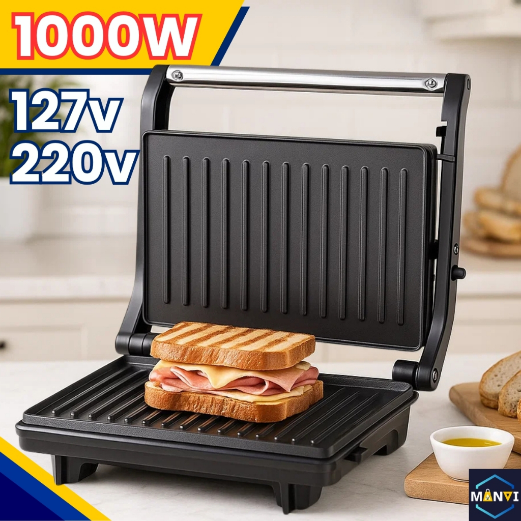 Sanduicheira Elétrica Grill Antiaderente Grelha Prensa Sanduiche Carne Frango Alimento Saudável