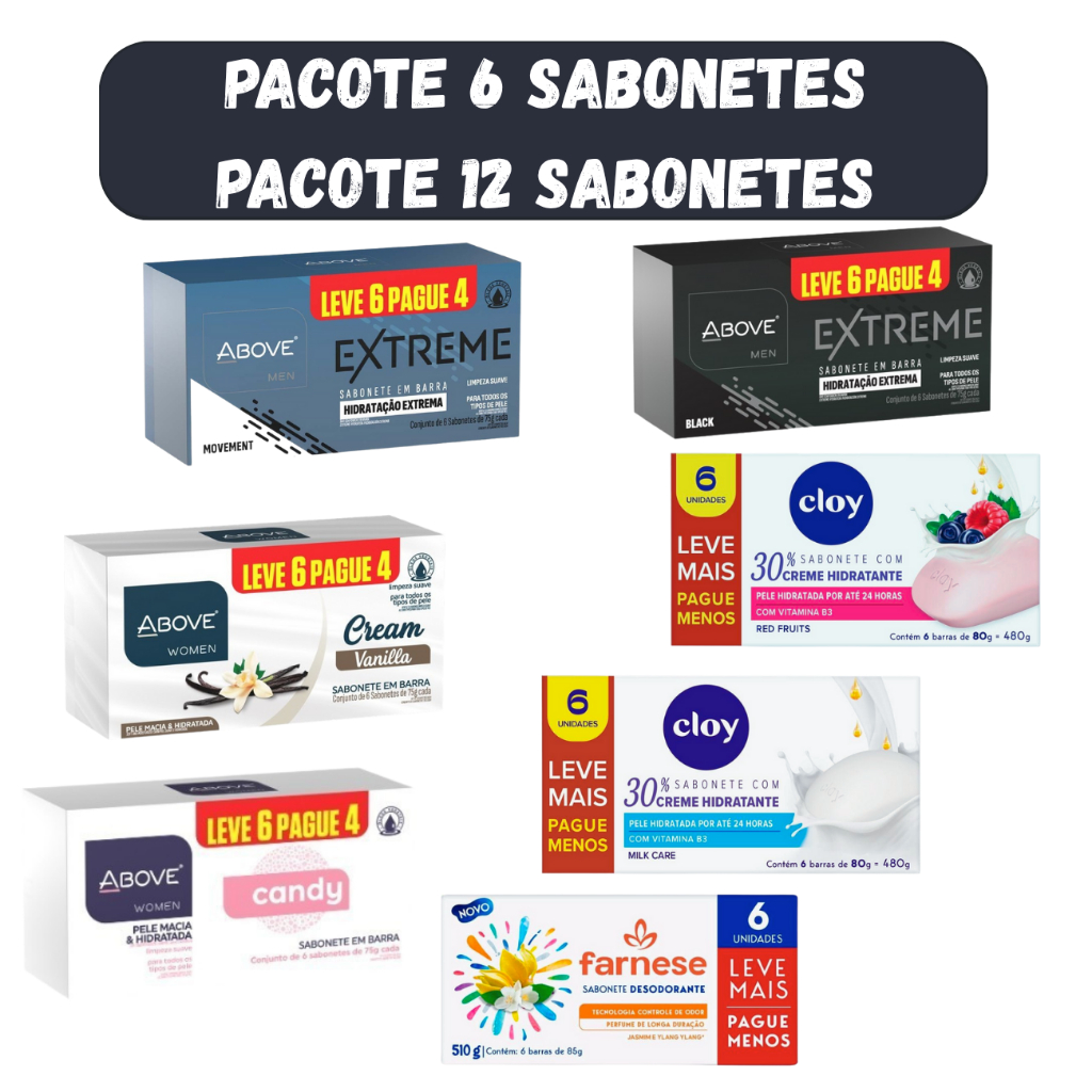 Pack Sabonete Above Cheiros Masculino e Feminino Banho 75g cada - Pacote 6 Sabonetes - Sabonete Hidratante em Barra em Oferta na Shopee