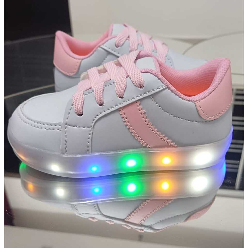 Tênis infantil feminino BrancoRosa com led em Oferta na Shopee