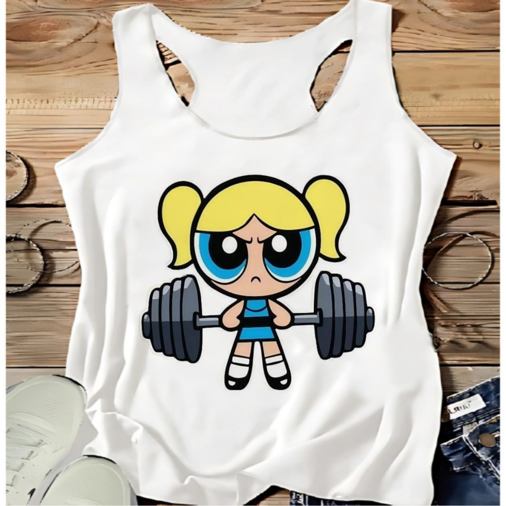 Regata criativa LINDINHA,DESENHO,MENINAS SUPER PODEROSAS,ACADEMIA,MODA FITNES,MULHER MAROMBA,moda plus size