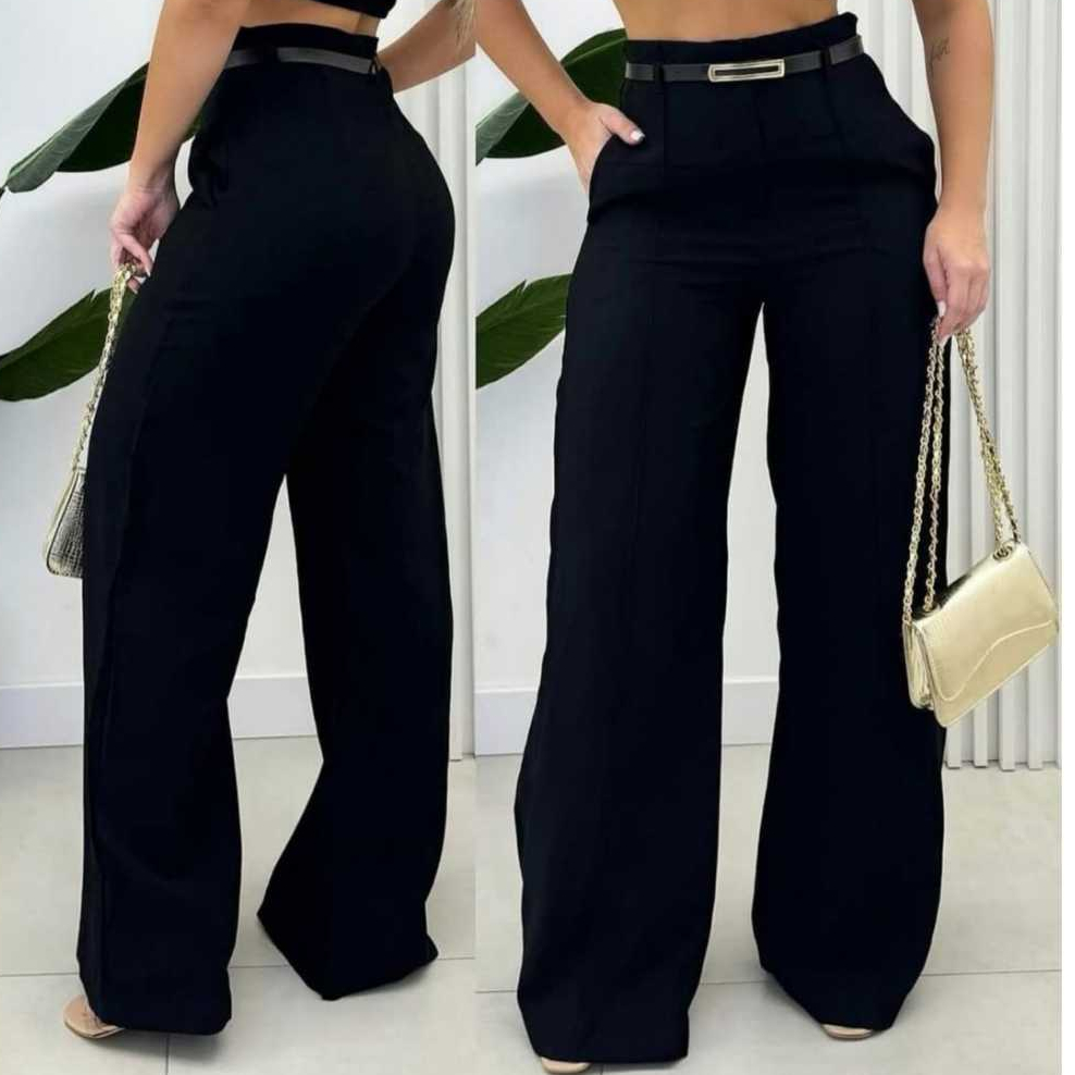 Calça Alfaiataria Pantalona Feminina Cintura Alta Elegante Com Cinto. (Cinto incluso) em Oferta na Shopee
