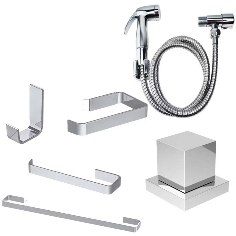 Combo Kit Banheiro 4 Peças Quadrado Cromado + Ducha Higiênica Soft + Acabamento Registro ABS Cromado