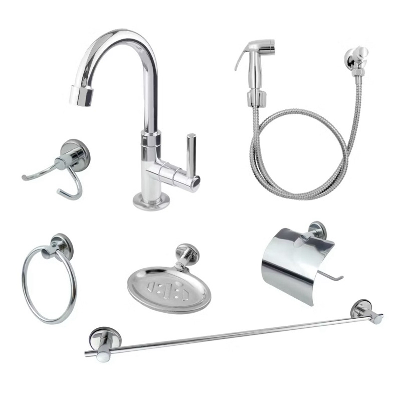 Combo Kit Banheiro Stander 5 Peças Cromado + Ducha Higiênica Soft + Torneira Lavatório 1198 ABS Cromado