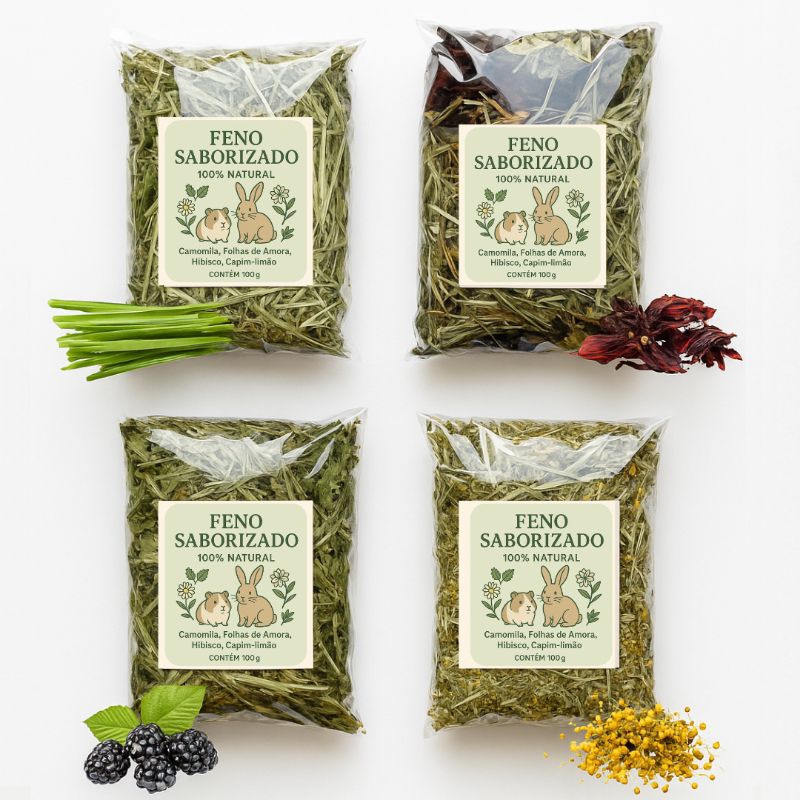 Kit Feno Verdinho Saborizado para Coelhos Porquinhos da índia e Chinchilas Roedores