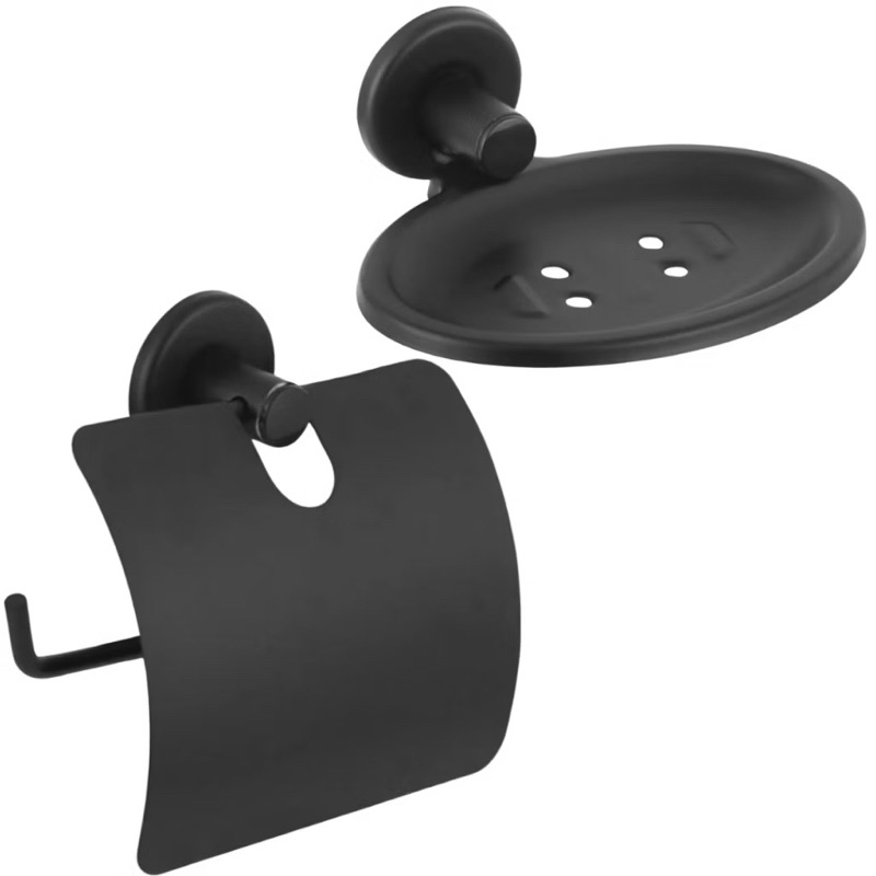 Kit Acessórios Banheiro 2 Peças Preto Fosco + Papeleira Stander + Saboneteira Inox Preta