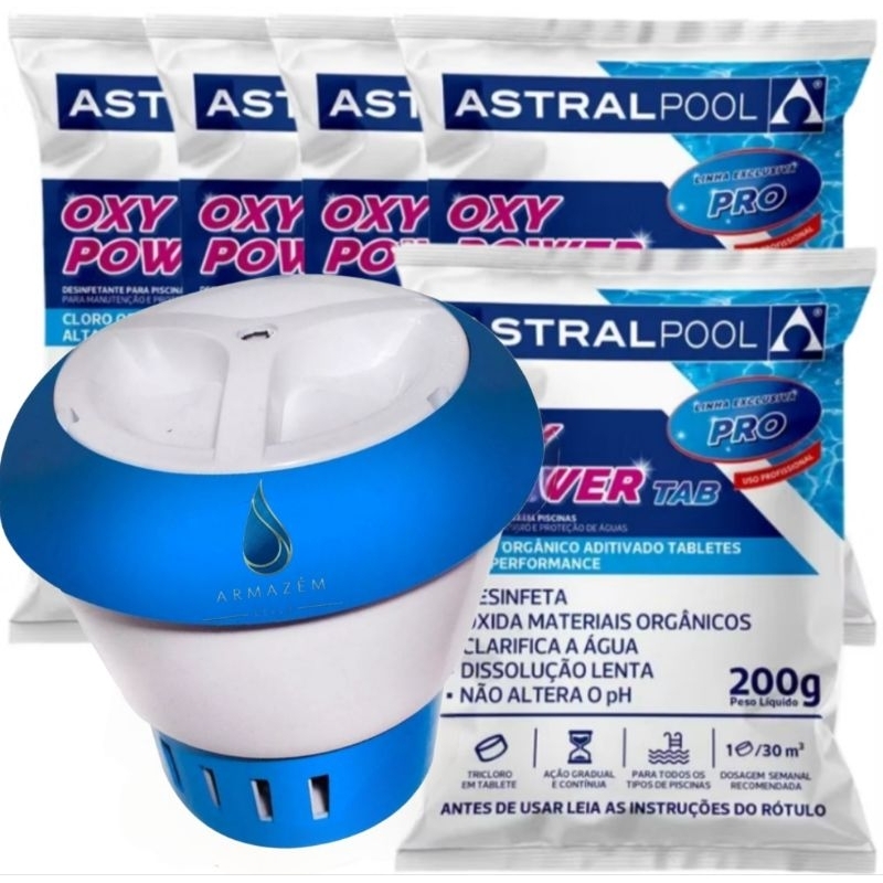 Kit 5 Pastilha de Cloro Oxy Tablete Limpeza Piscina + Clorador Flutuante Margarida Tabletes de Cloro