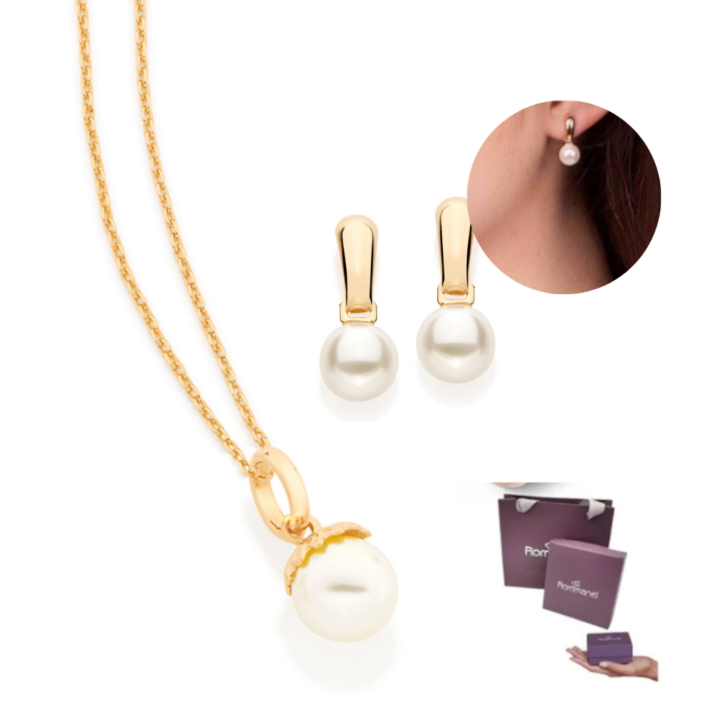 Conjunto Rommanel Pérolas Colar + Pingente E Brincos Banhado Ouro 18k em Oferta na Shopee