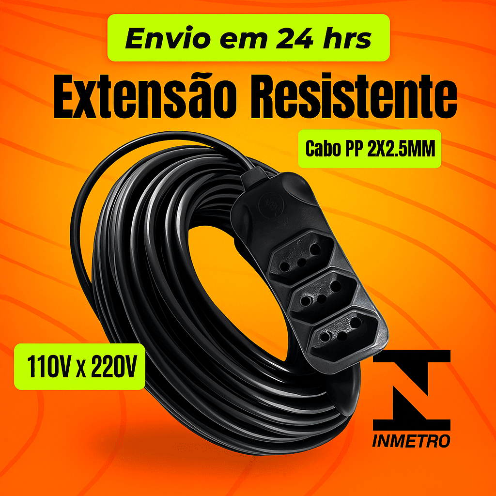 Extensão Elétrica Cabo PP 2x2,5mm Resistente - Vários Tamanhos (5 a 30 Metros)