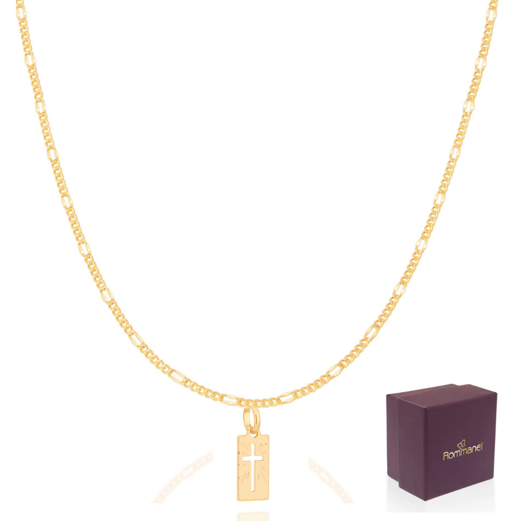 Cordão Masculino Rommanel Com Pingente Cruz Vazada Retangular Banhado Ouro 18k