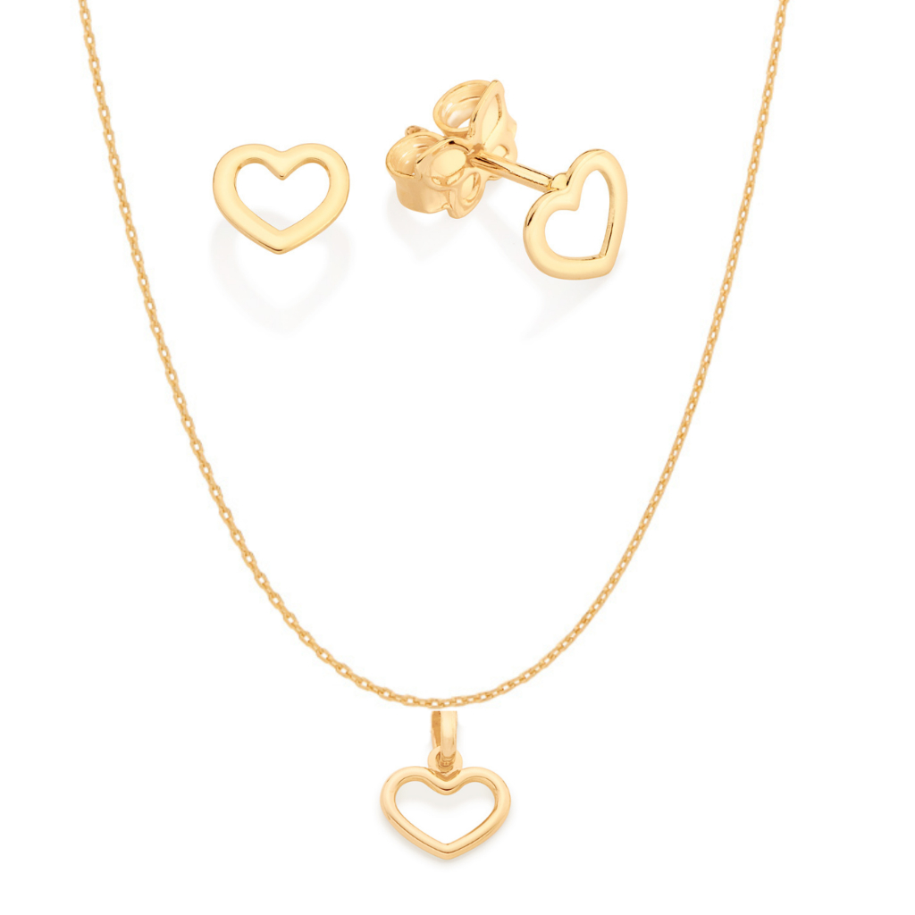 Presente Feminino Colar + Pingente E Brincos Rommanel Corações Vazados Banhado A Ouro 18k