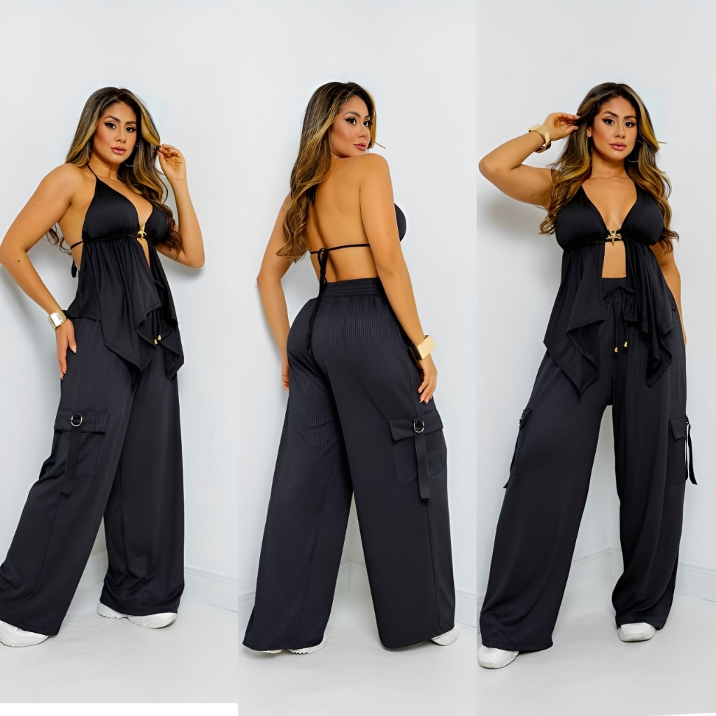 Calça Pantalona com cintura alta elástica - tecido canelado/bolso na lateral/flare/wide lag/track pants/tracker/Y2K/moda