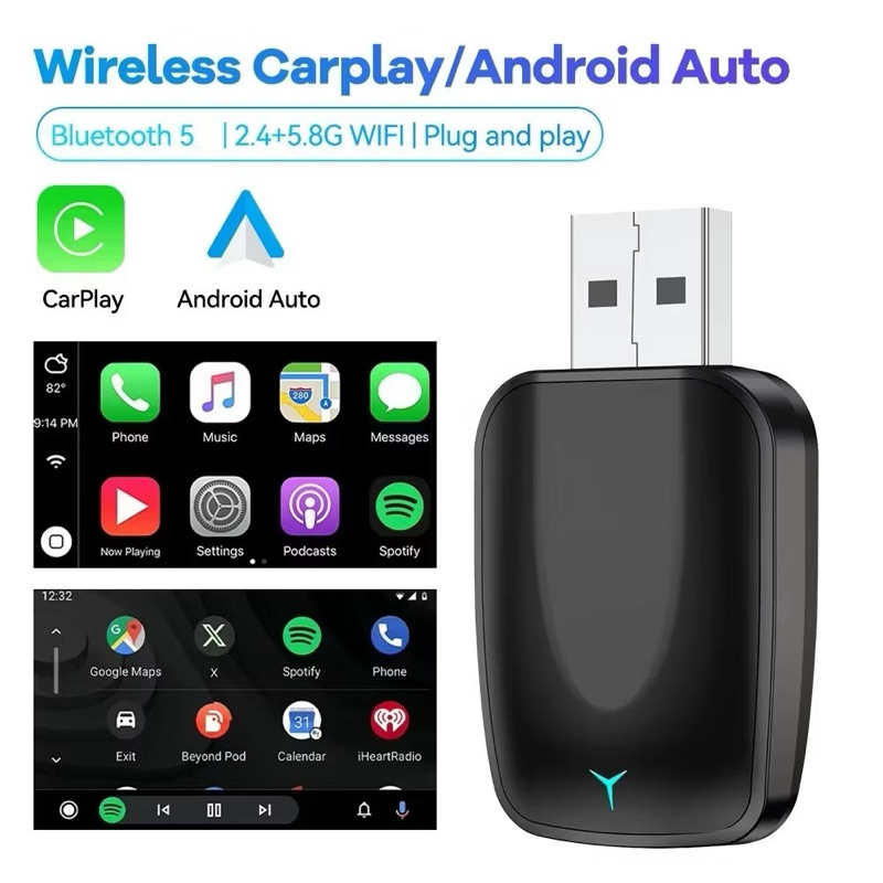 Adaptador para CarPlay Sem Fio e Android Auto 2 Em 1 Conexão Rápida Wi-Fi de 5 GHz Tipo-C e USB