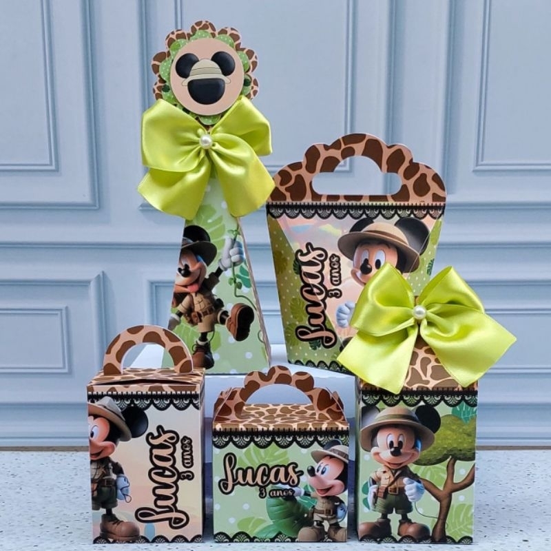 PEGUE E MONTE|Kit Festa Personalizado| SAFARI MENINO| Mickey Caixinhas Lembrancinha para Aniversário