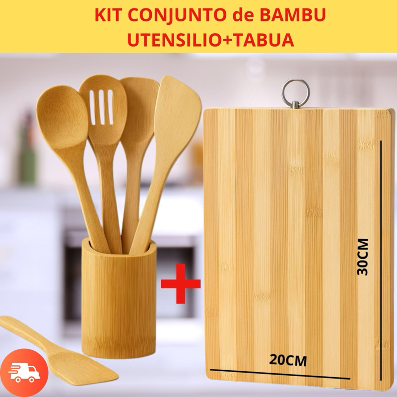 kit 5 PEÇAS de Utensílios em Bambu mais Tabua de churrasco e preparo de ALIMENTOS COZINHA