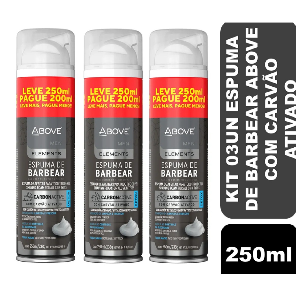 Kit 03un Espuma De Barbear Above Carvão Ativado com 250ml em Oferta na Shopee