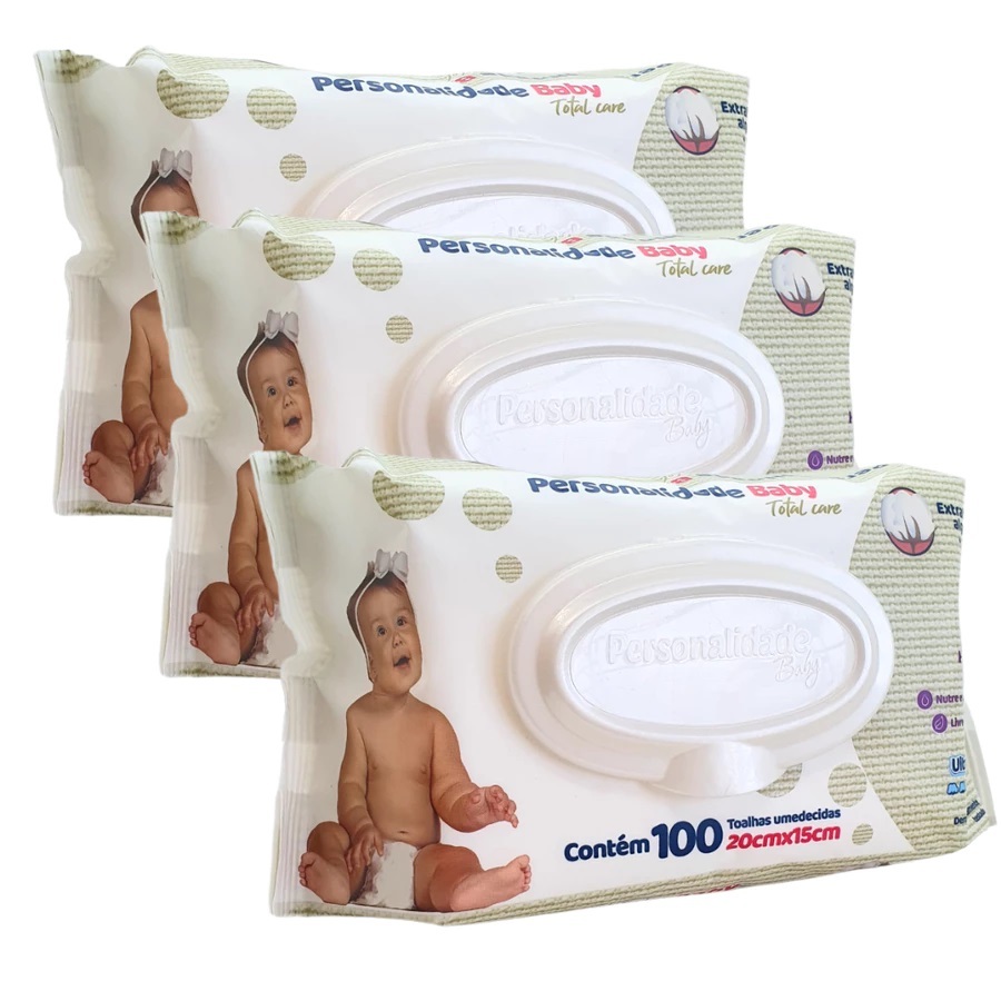 Kit 300 Lenço Umedecido Bebê Personalidade Baby 3 Pcts