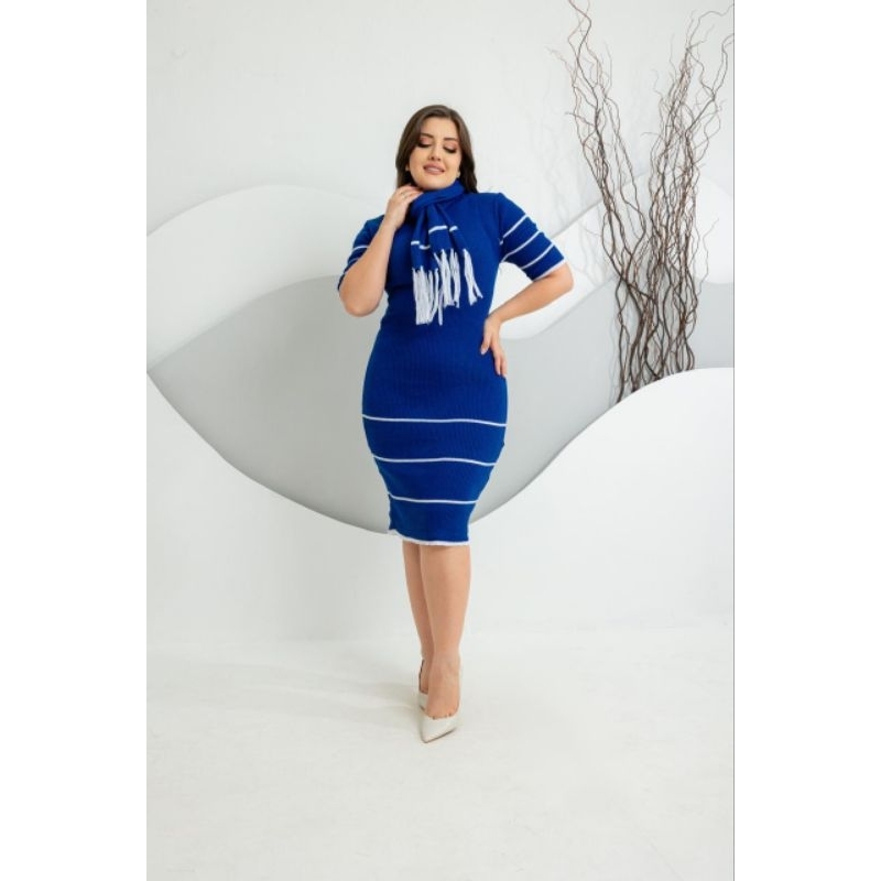 vestido MIDI canelado listra  manga curta com cachecol e sem cachecol