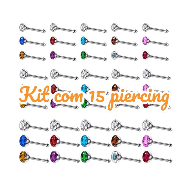 Kit 15 Piercing De Umbigo 316L Antialérgico Com Pedras Zircônias Coração Lilás Vermelho Cristal com cores sortidas
