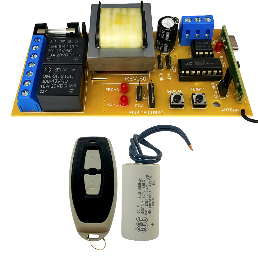 Kit Placa Central De Motor Portão Eletrônico Nb520 com Capacitor 12uf e Controle Configurado para Portão Automático