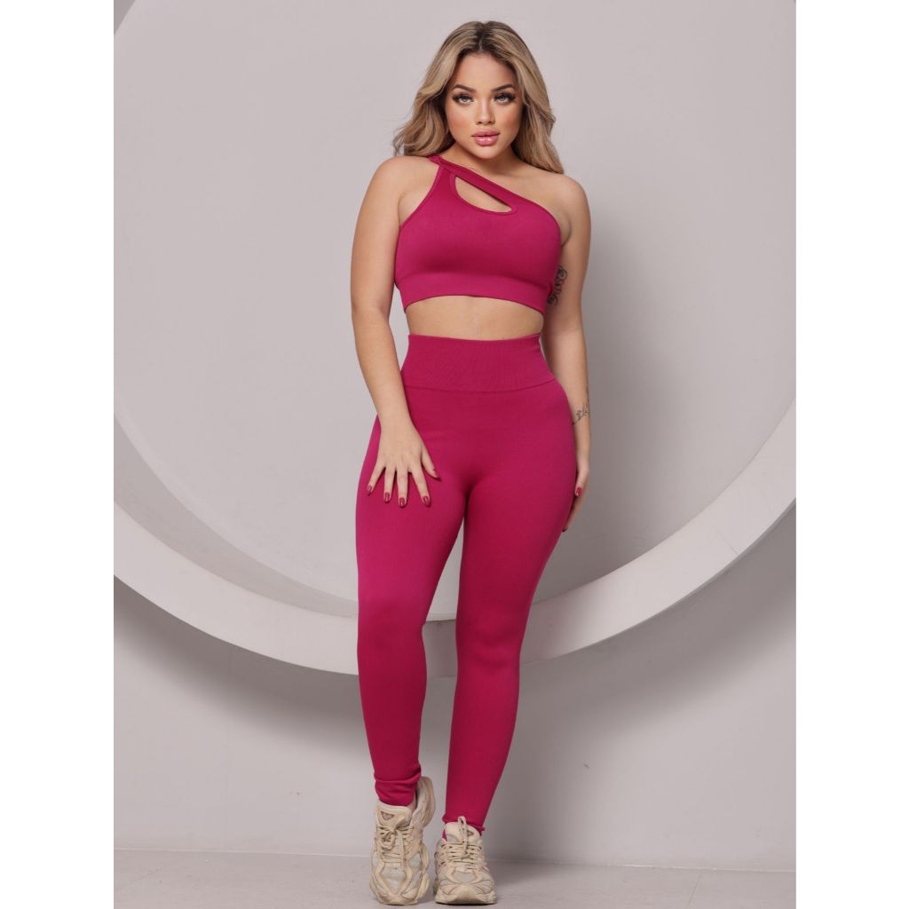 Conjunto Fitness Feminino Canelado Top Um Ombro Com Recorte Com Bojo Removível + Legging Modeladora Cintura Alta Academi
